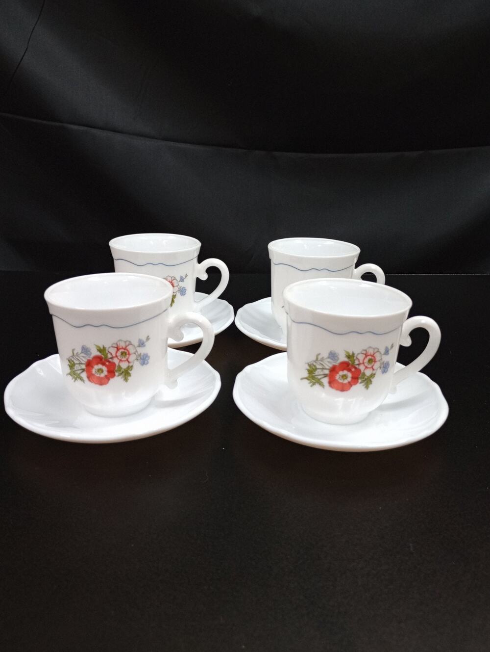 Vintage Arcopal France Milk Glass Espresso Cups And Saucers Set 4 Floral Blue